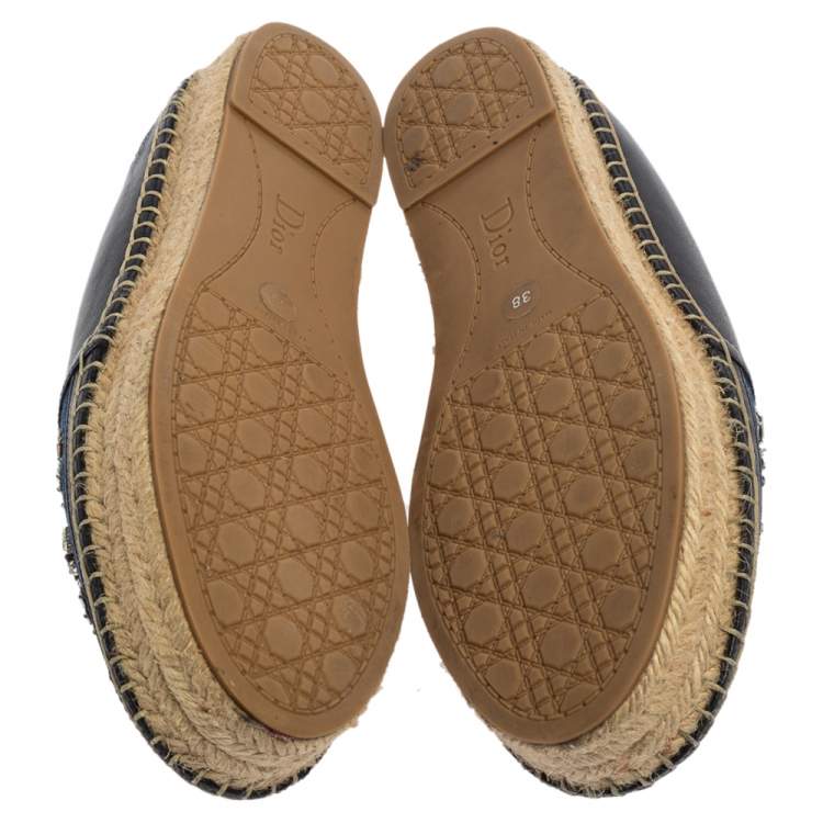 Pre Owned Dior Blue/Black Denim And Leather Embellished Espadrilles Size 38