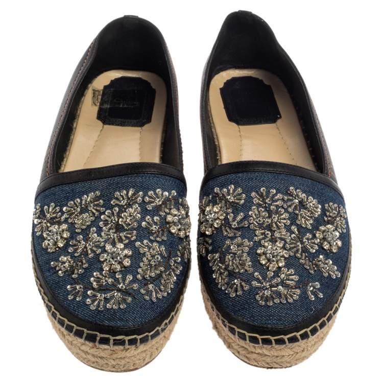 Pre Owned Dior Blue/Black Denim And Leather Embellished Espadrilles Size 38