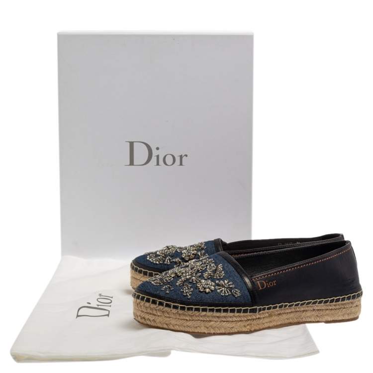 Pre Owned Dior Blue/Black Denim And Leather Embellished Espadrilles Size 38