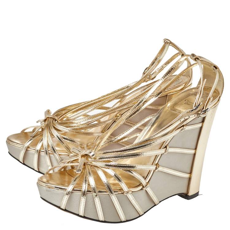Pre Owned Dior Gold Patent Leather Strappy Platform Wedge Sandals Size 41