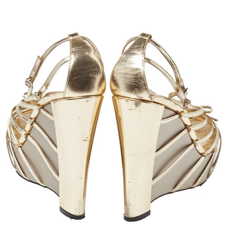 Pre Owned Dior Gold Patent Leather Strappy Platform Wedge Sandals Size 41