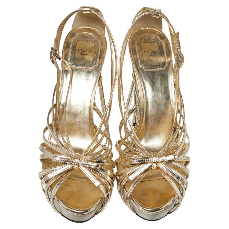 Pre Owned Dior Gold Patent Leather Strappy Platform Wedge Sandals Size 41