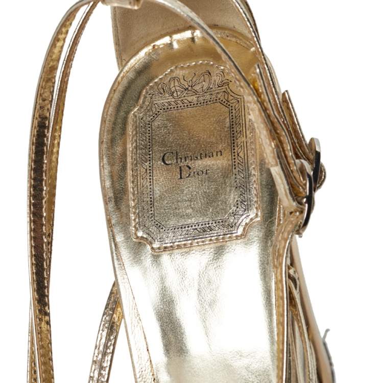 Pre Owned Dior Gold Patent Leather Strappy Platform Wedge Sandals Size 41