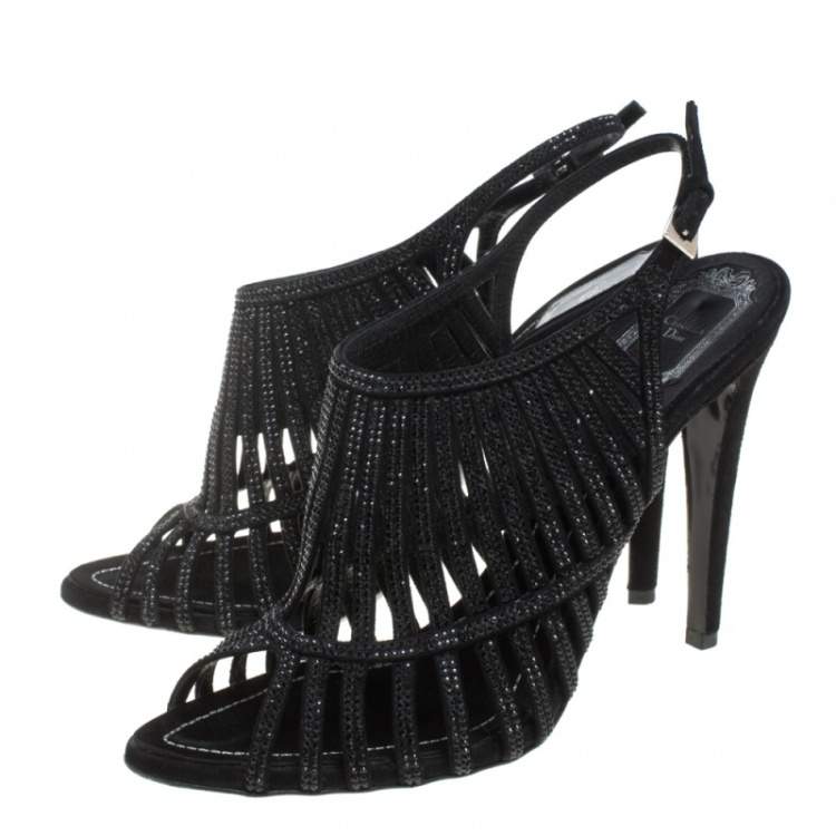 Pre Owned  Dior Black Suede Crystal Embellished  Cage Sandals Size 41