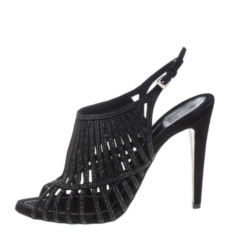 Pre Owned  Dior Black Suede Crystal Embellished  Cage Sandals Size 41
