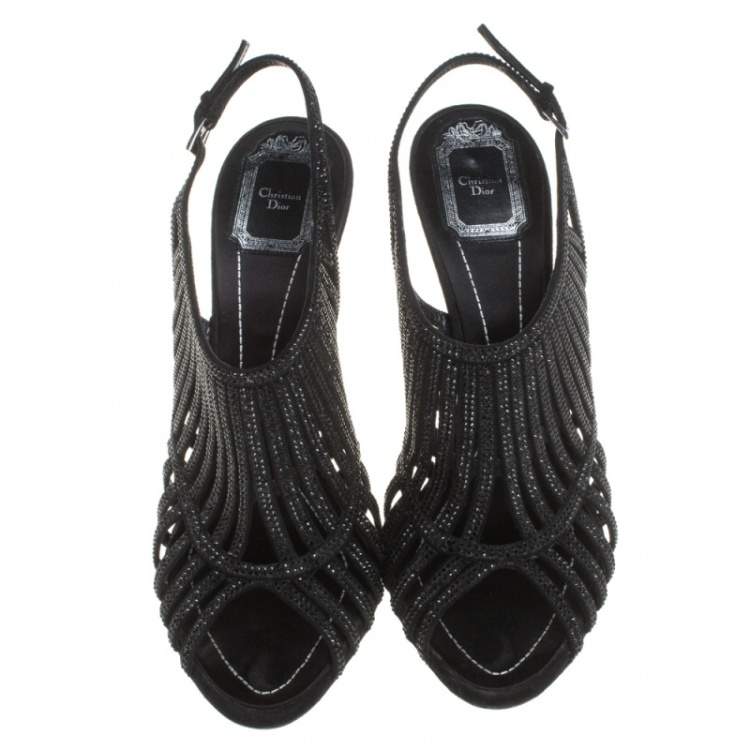 Pre Owned  Dior Black Suede Crystal Embellished  Cage Sandals Size 41