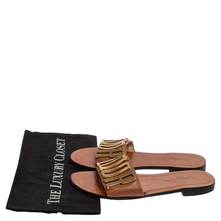 Pre Owned Dior Brown Leather Logo Flat Sandals Size 39