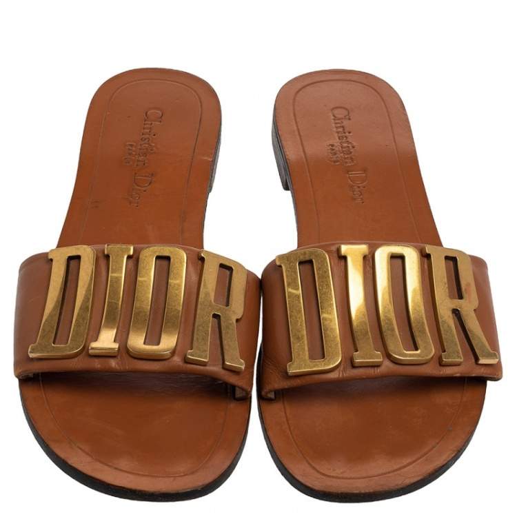 Pre Owned Dior Brown Leather Logo Flat Sandals Size 39