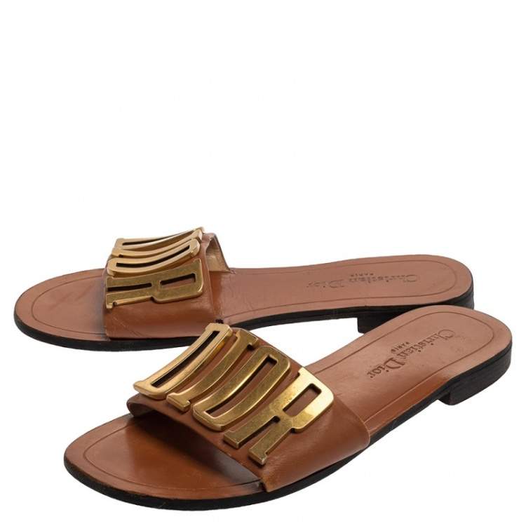 Pre Owned Dior Brown Leather Logo Flat Sandals Size 39