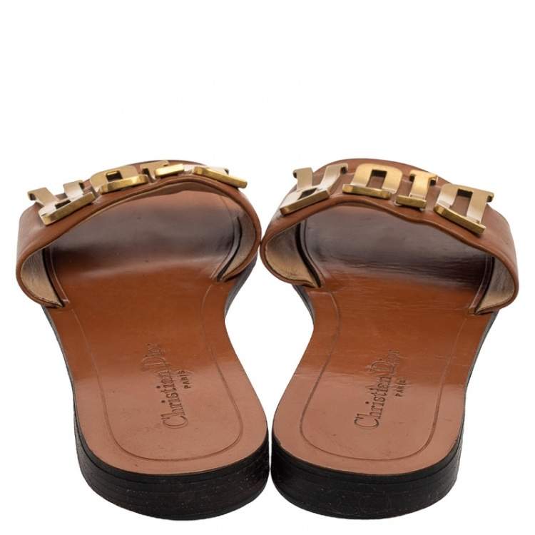 Pre Owned Dior Brown Leather Logo Flat Sandals Size 39