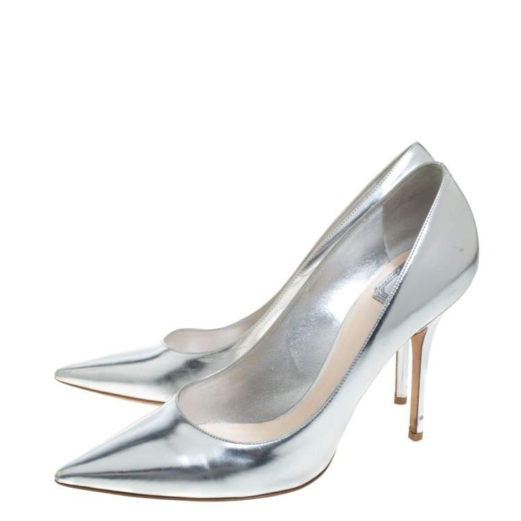 Pre Owned Dior Metallic Silver Leather Pointed Toe Pumps Size 41