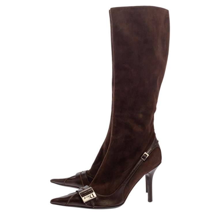 Pre Owned Dior Brown Suede And Leather Knee Length Pointed Toe Buckle Boots Size 38