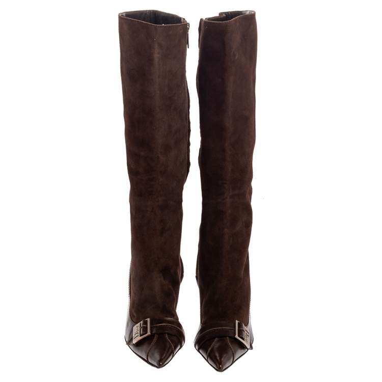 Pre Owned Dior Brown Suede And Leather Knee Length Pointed Toe Buckle Boots Size 38