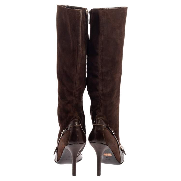 Pre Owned Dior Brown Suede And Leather Knee Length Pointed Toe Buckle Boots Size 38