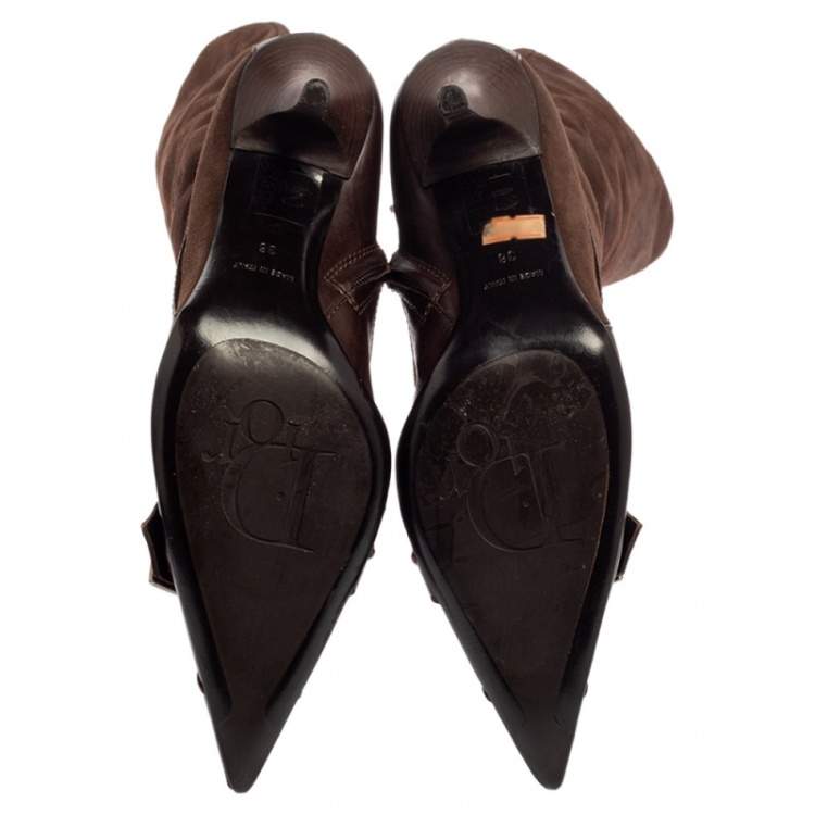 Pre Owned Dior Brown Suede And Leather Knee Length Pointed Toe Buckle Boots Size 38