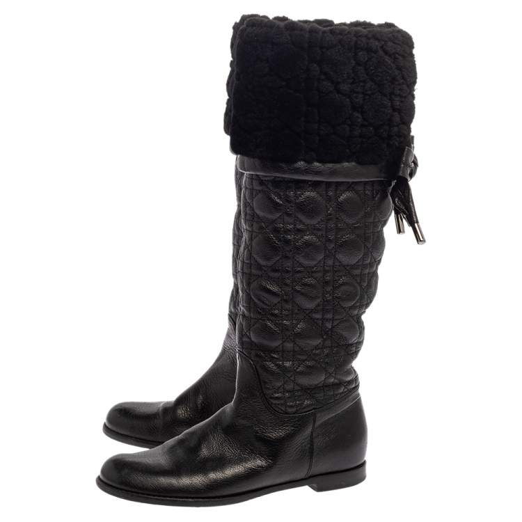 Pre Owned Dior Black Cannage Leather Ice Fur Cuffed Knee Length Boots Size 37