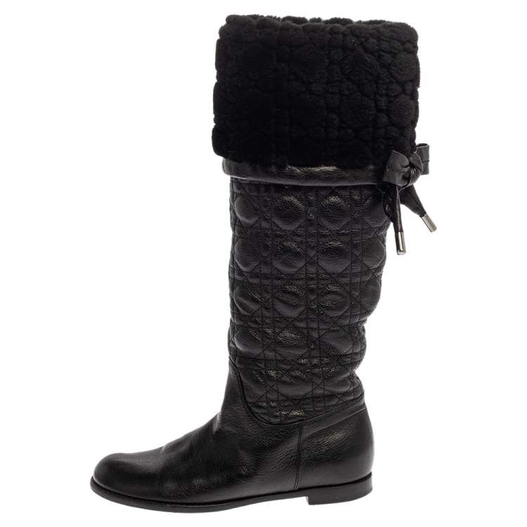 Pre Owned Dior Black Cannage Leather Ice Fur Cuffed Knee Length Boots Size 37