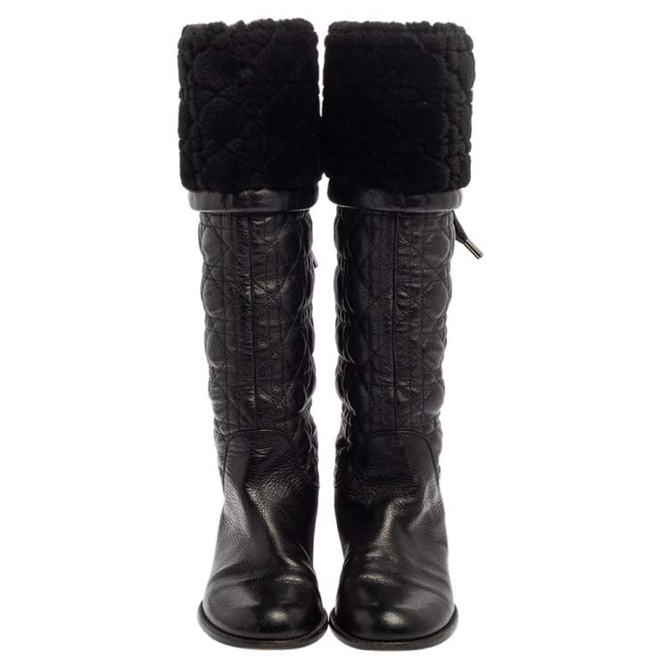 Pre Owned Dior Black Cannage Leather Ice Fur Cuffed Knee Length Boots Size 37