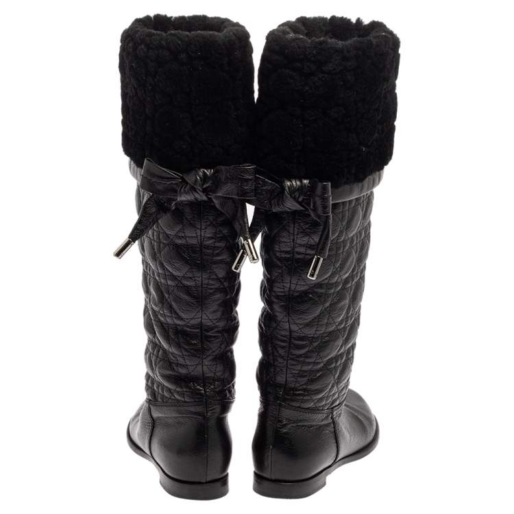 Pre Owned Dior Black Cannage Leather Ice Fur Cuffed Knee Length Boots Size 37