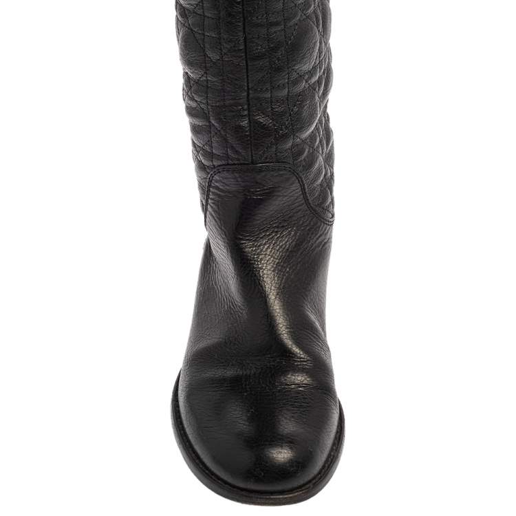 Pre Owned Dior Black Cannage Leather Ice Fur Cuffed Knee Length Boots Size 37