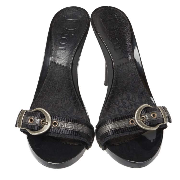Pre Owned Dior Black Canvas Slip On  Buckle Logo Sandals Size 40.5
