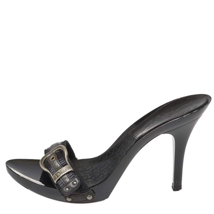 Pre Owned Dior Black Canvas Slip On  Buckle Logo Sandals Size 40.5