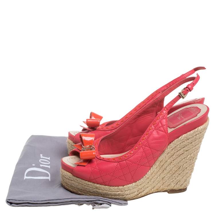 Pre Owned Dior Pink Cannage Leather Wedge Espadrilles Slingback Sandals Size 37