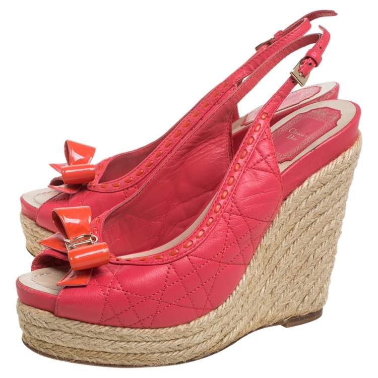 Pre Owned Dior Pink Cannage Leather Wedge Espadrilles Slingback Sandals Size 37