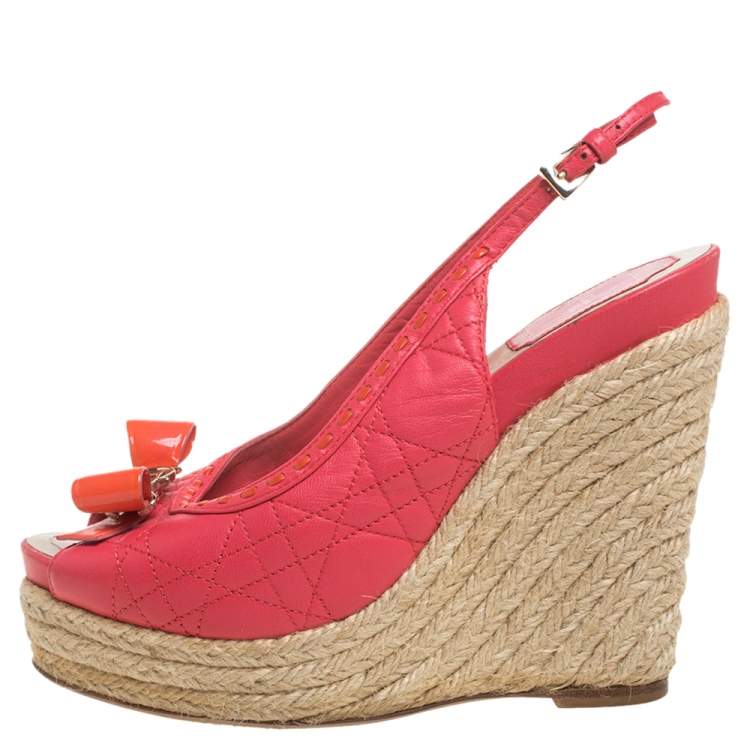 Pre Owned Dior Pink Cannage Leather Wedge Espadrilles Slingback Sandals Size 37