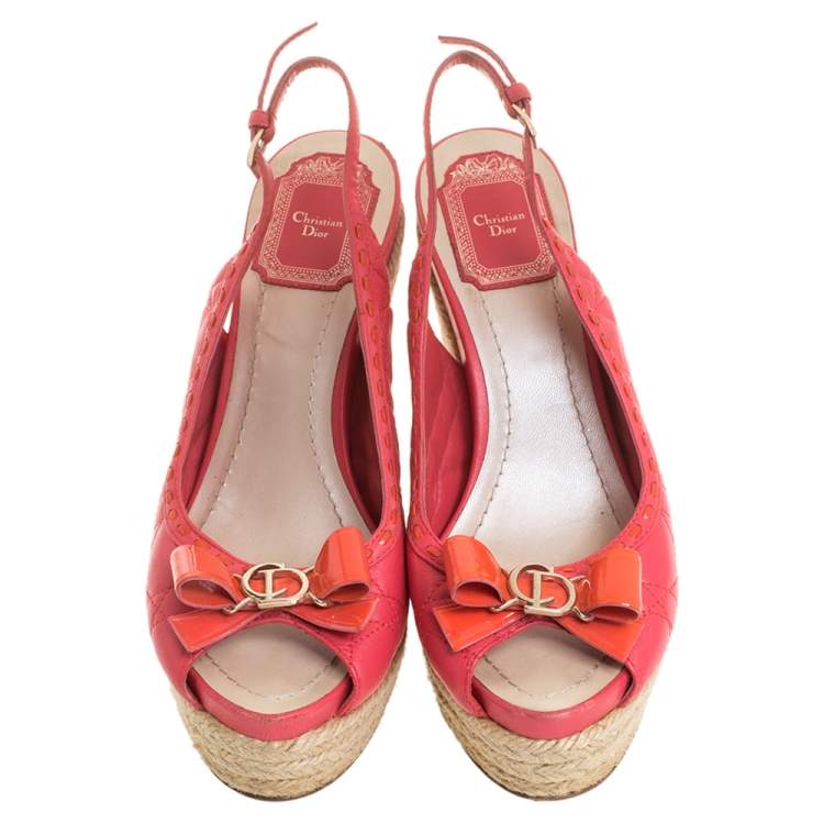 Pre Owned Dior Pink Cannage Leather Wedge Espadrilles Slingback Sandals Size 37
