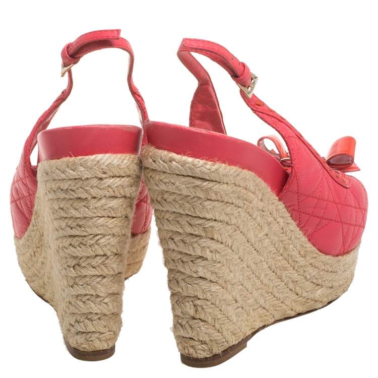 Pre Owned Dior Pink Cannage Leather Wedge Espadrilles Slingback Sandals Size 37