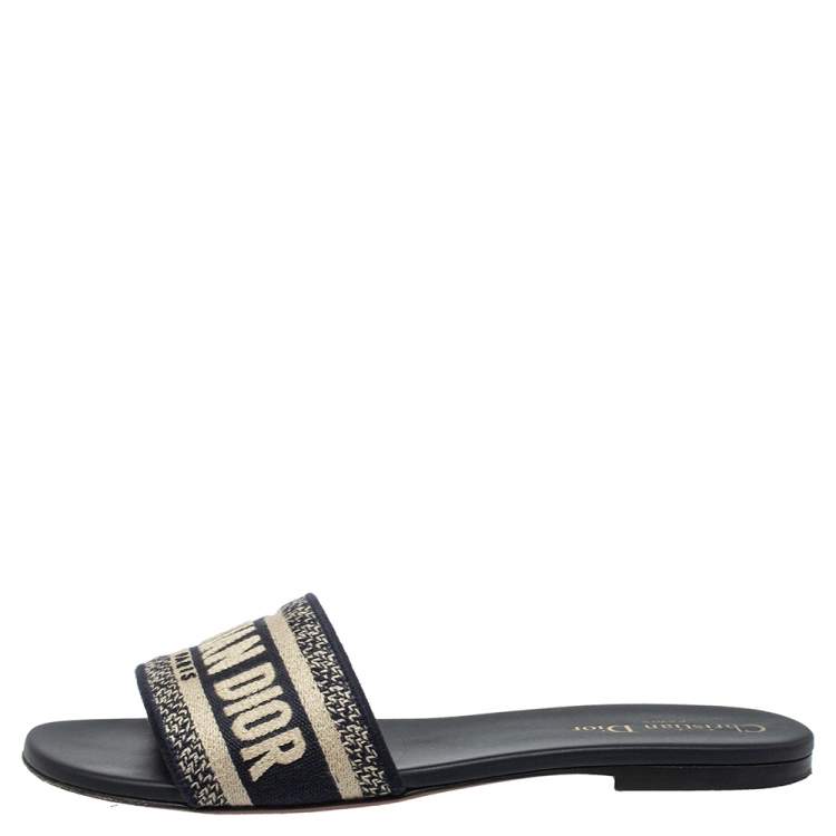 Pre Owned Dior Blue/White Cotton Fabric Embroidered Dway Logo Slide Flats Size 39