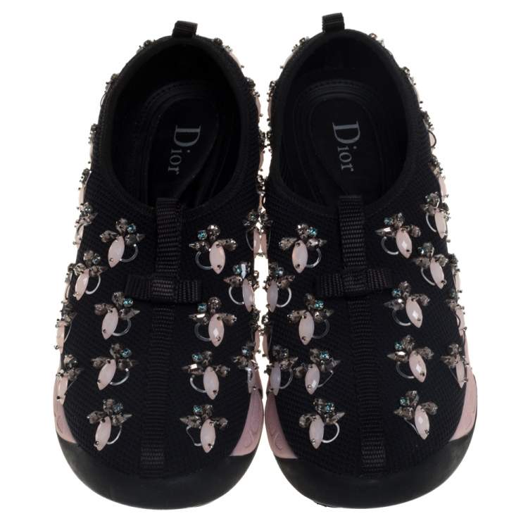 Pre Owned Dior Black Mesh Fusion Embellished Slip On Sneakers Size 37.5