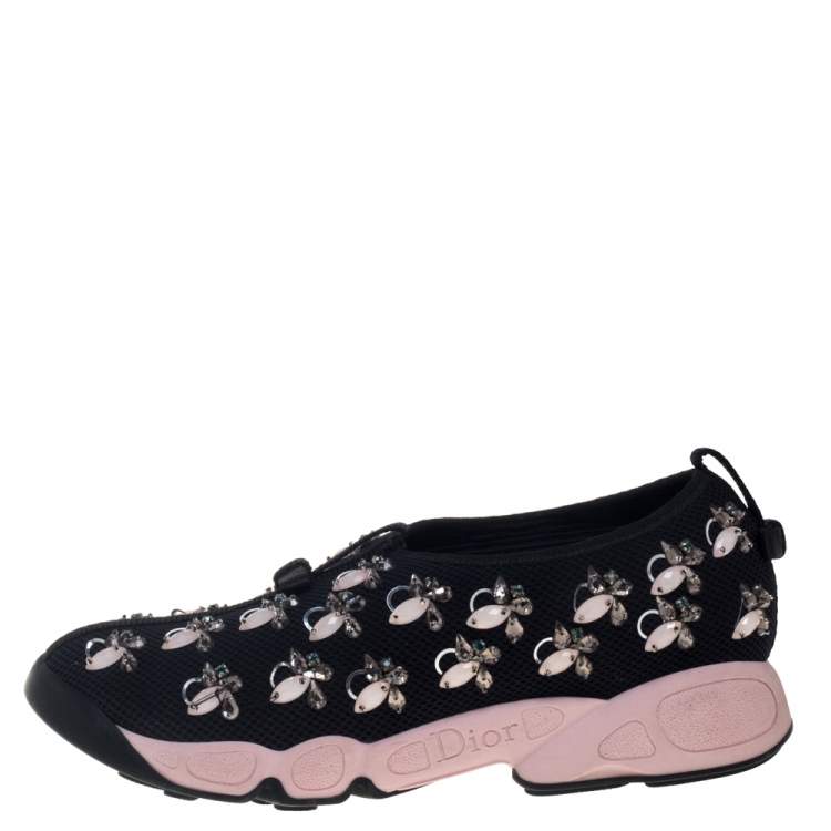 Pre Owned Dior Black Mesh Fusion Embellished Slip On Sneakers Size 37.5