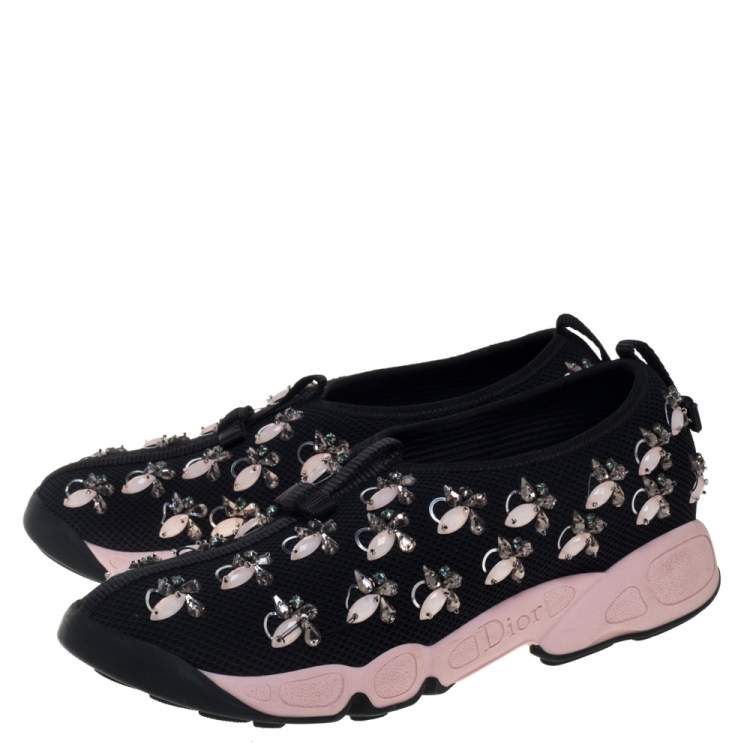 Pre Owned Dior Black Mesh Fusion Embellished Slip On Sneakers Size 37.5