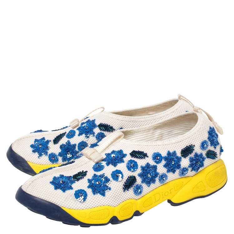 Pre Owned Dior White Mesh Fusion Floral Sequins Embellished Slip On Sneakers Size 38