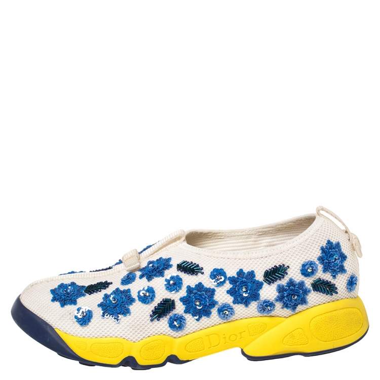 Pre Owned Dior White Mesh Fusion Floral Sequins Embellished Slip On Sneakers Size 38