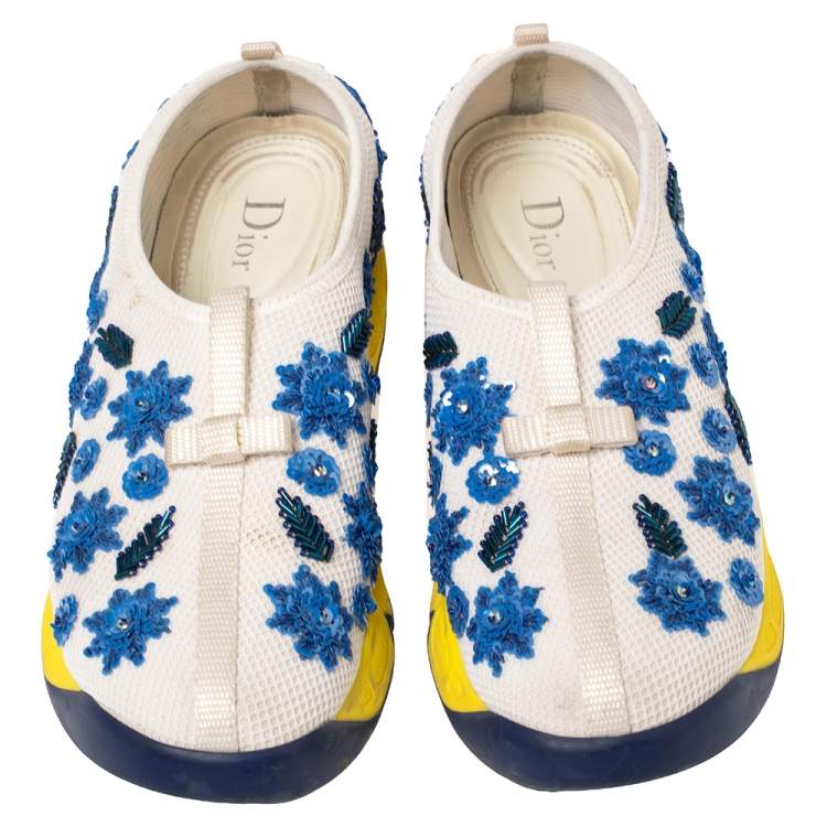 Pre Owned Dior White Mesh Fusion Floral Sequins Embellished Slip On Sneakers Size 38