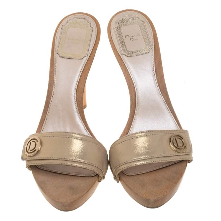 Pre Owned Dior Metallic Gold Fabric Buckle Detail Slide Sandals Size 38