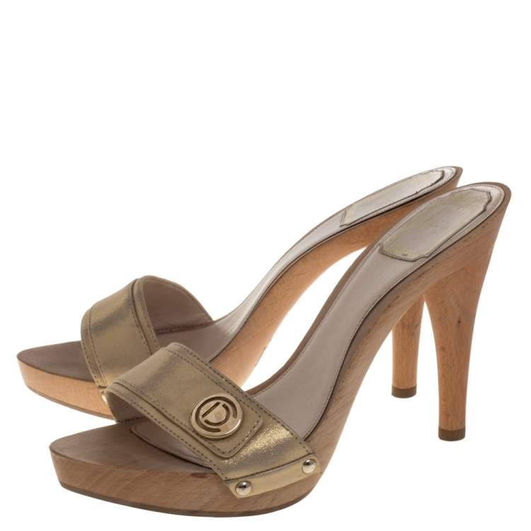 Pre Owned Dior Metallic Gold Fabric Buckle Detail Slide Sandals Size 38