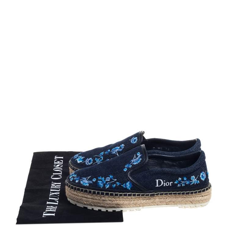 Pre Owned Dior Blue Floral Embroidered Denim Prairie Espadrille Flats Size 36
