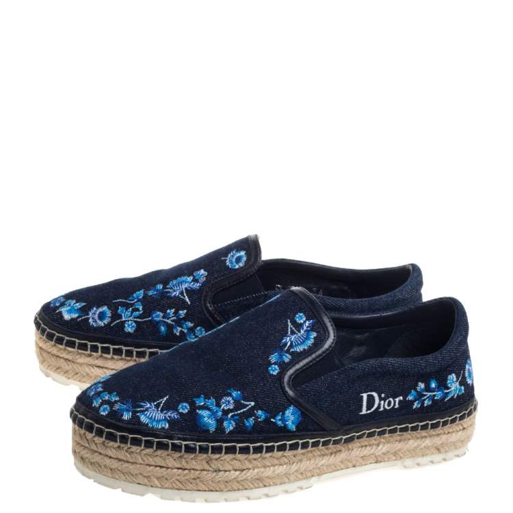 Pre Owned Dior Blue Floral Embroidered Denim Prairie Espadrille Flats Size 36