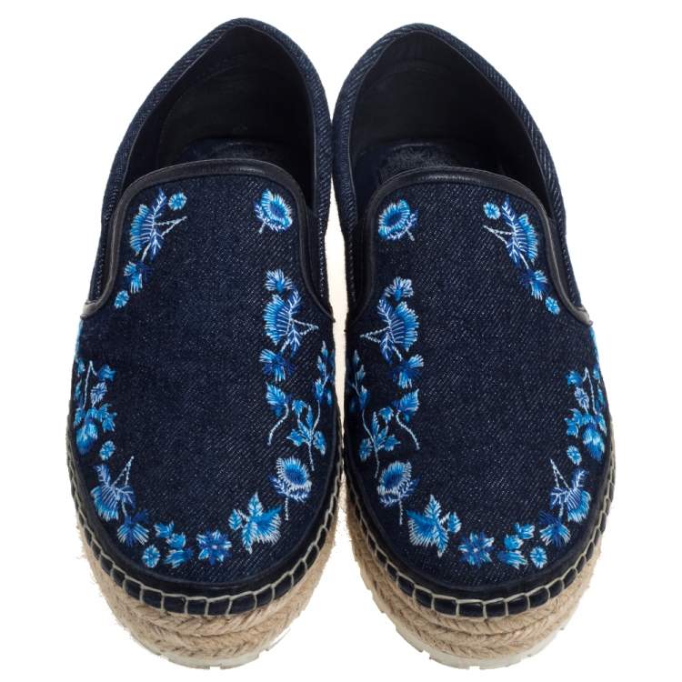 Pre Owned Dior Blue Floral Embroidered Denim Prairie Espadrille Flats Size 36