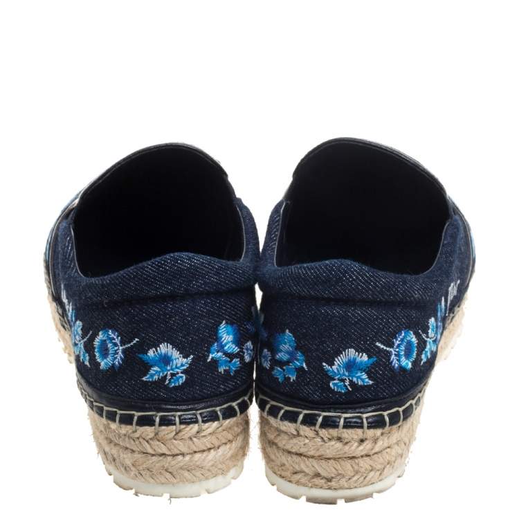 Pre Owned Dior Blue Floral Embroidered Denim Prairie Espadrille Flats Size 36