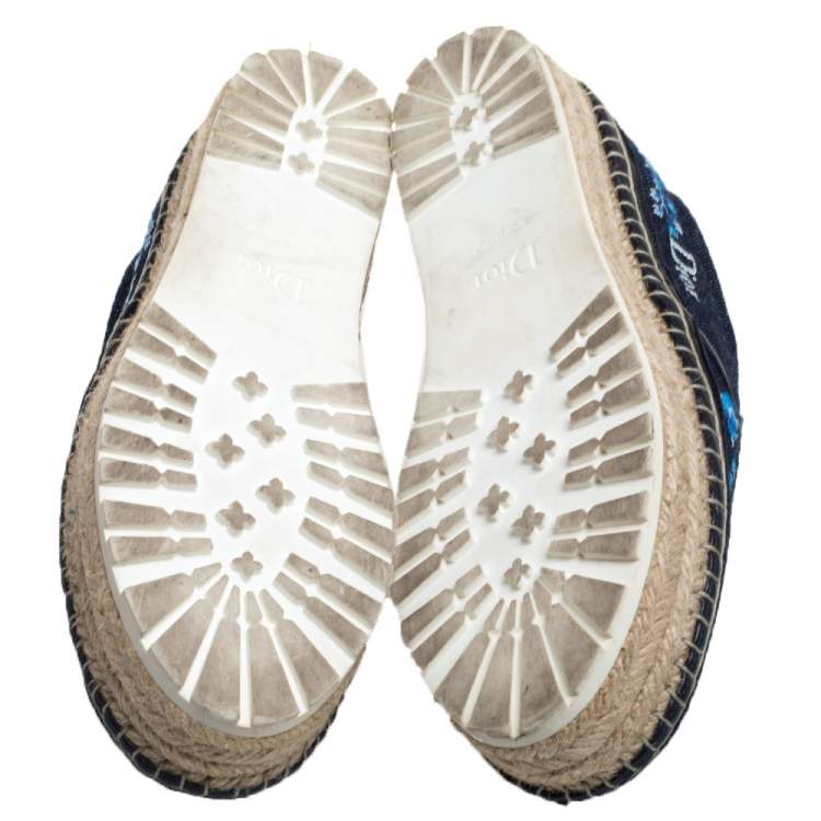 Pre Owned Dior Blue Floral Embroidered Denim Prairie Espadrille Flats Size 36