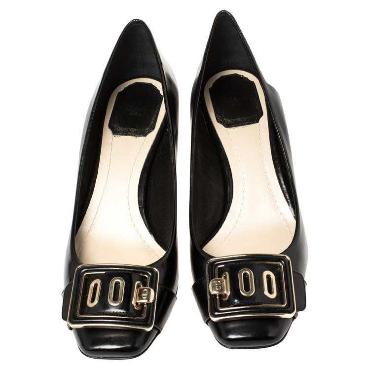Pre Owned Dior Black Leather Buckle Embellished Square Toe Pumps Size 38