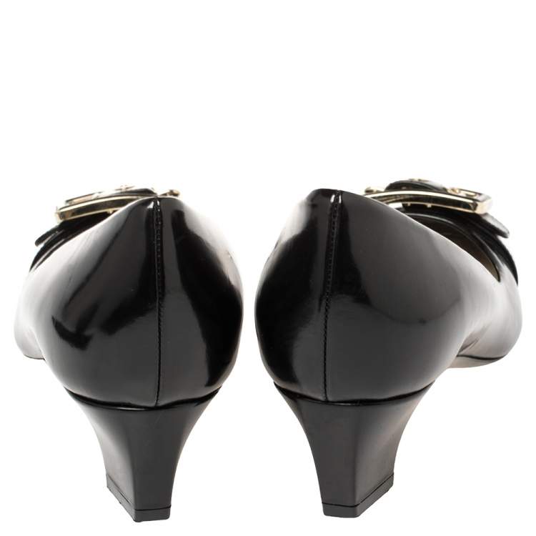 Pre Owned Dior Black Leather Buckle Embellished Square Toe Pumps Size 38
