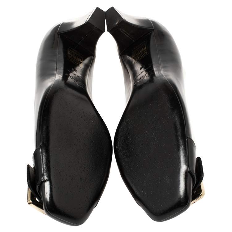 Pre Owned Dior Black Leather Buckle Embellished Square Toe Pumps Size 38