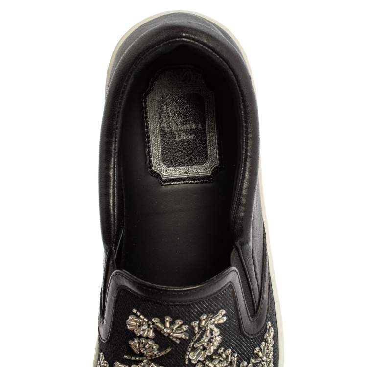 Pre Owned Dior Navy Blue/Black Denim And Leather Happy Crystal Embellished Slip On Sneakers Size 36
