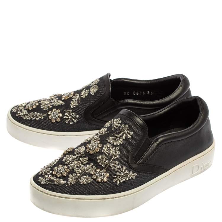 Pre Owned Dior Navy Blue/Black Denim And Leather Happy Crystal Embellished Slip On Sneakers Size 36